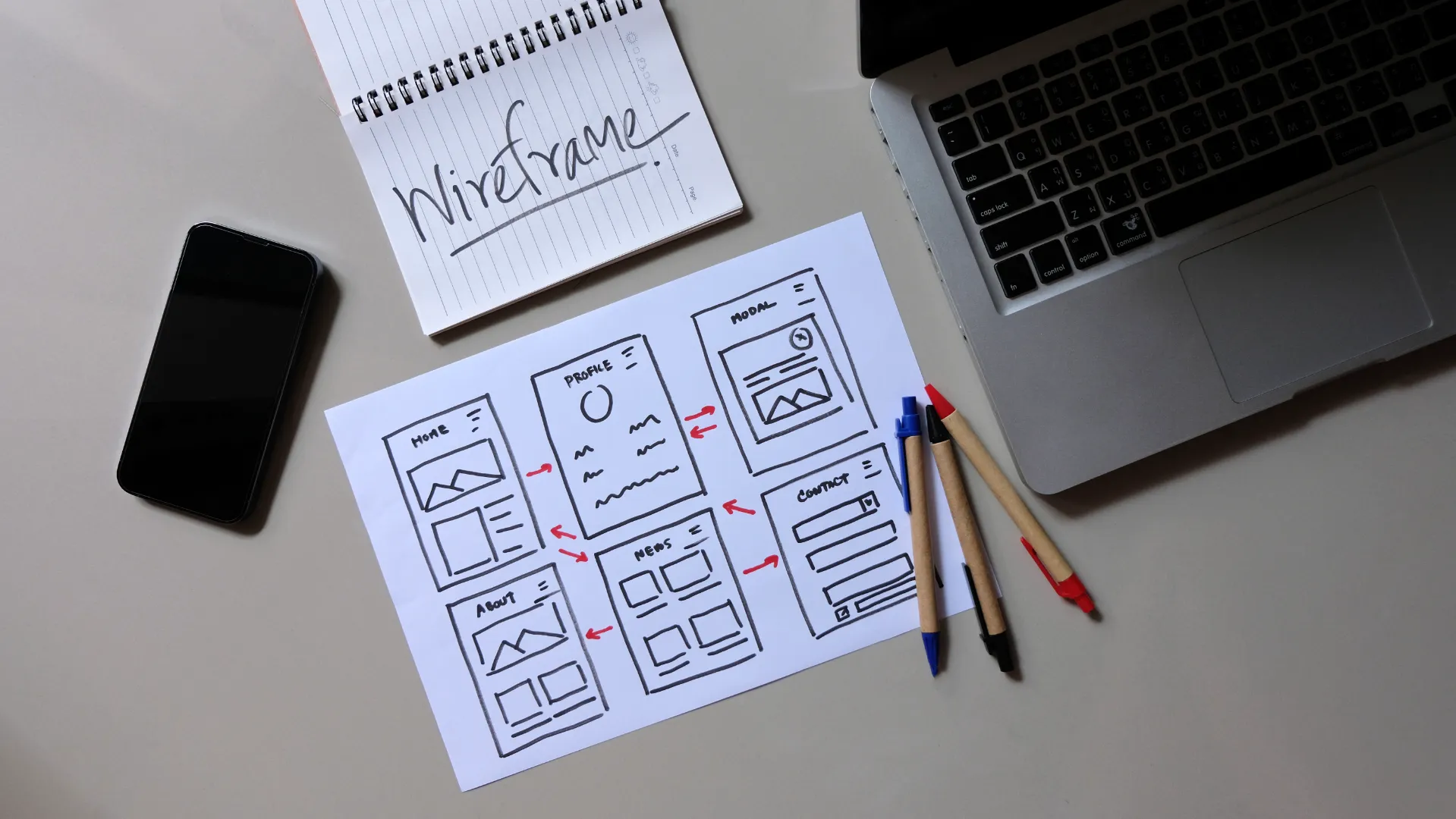 Landing page wireframes with laptop and phone